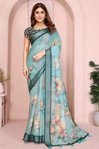 Teal linen cotton floral printed casual saree with matching blouse piece