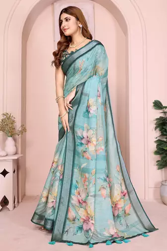 Teal linen cotton floral printed casual saree with matching blouse piece