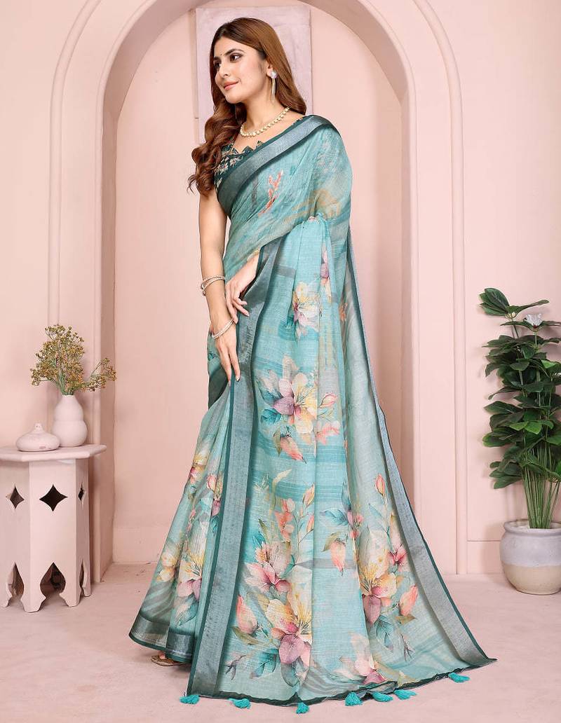 Teal linen cotton floral printed casual saree with matching blouse piece