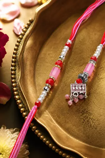 set of 2 artificial beads jhumka design bhaiya bhabhi rakhi with roli chawal