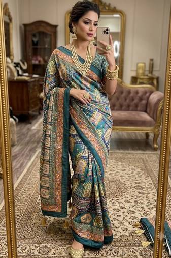 multicolor silk blend printed saree with geometric print
