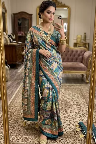 multicolor silk blend printed saree with geometric print