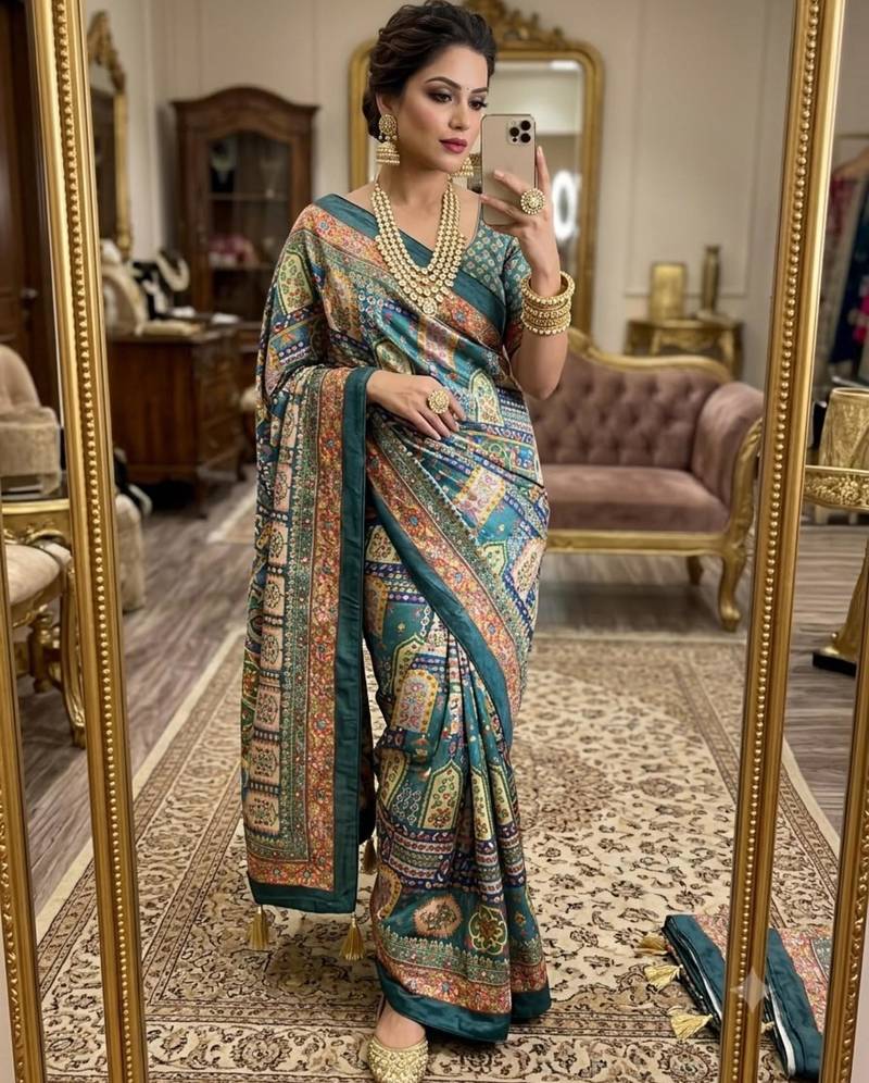 multicolor silk blend printed saree with geometric print