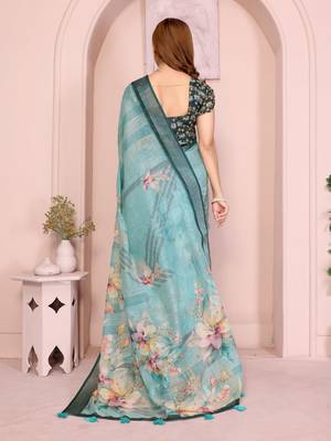 Teal linen cotton floral printed casual saree with matching blouse piece 3