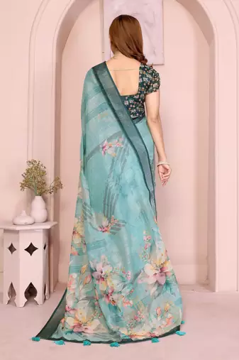 Teal linen cotton floral printed casual saree with matching blouse piece