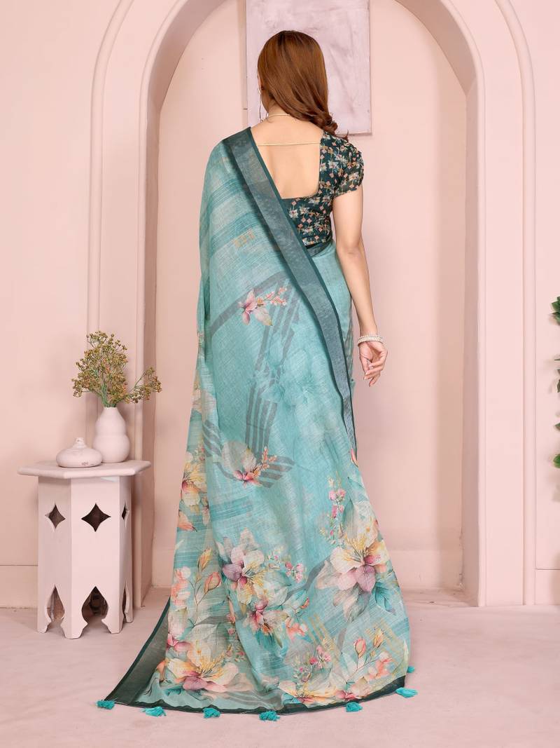 Teal linen cotton floral printed casual saree with matching blouse piece