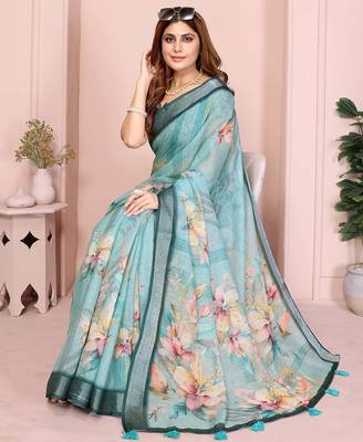 Teal linen cotton floral printed casual saree with matching blouse piece 4