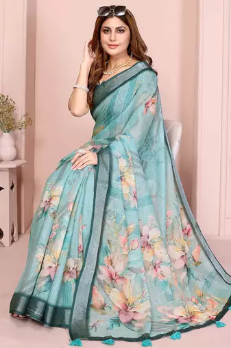 Teal linen cotton floral printed casual saree with matching blouse piece