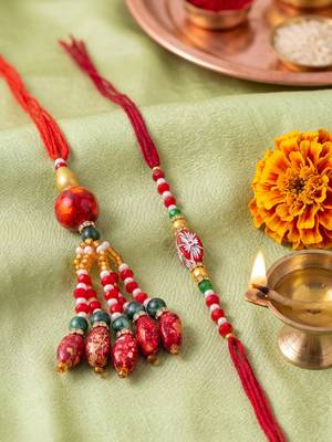 set of 2 designer red artificial beads bhaiya bhabhi rakhi with roli chawal chandan 1