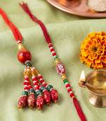 set of 2 designer red artificial beads bhaiya bhabhi rakhi with roli chawal chandan