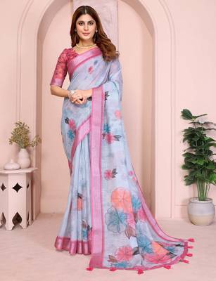 Pink linen cotton floral printed casual saree with matching blouse piece 1
