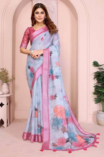 Pink linen cotton floral printed casual saree with matching blouse piece