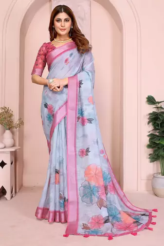 Pink linen cotton floral printed casual saree with matching blouse piece