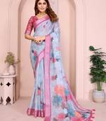 Pink linen cotton floral printed casual saree with matching blouse piece