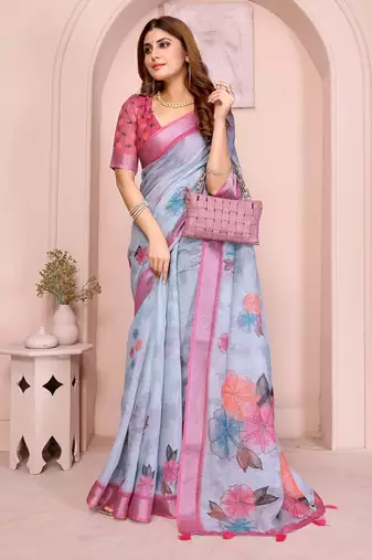 Pink linen cotton floral printed casual saree with matching blouse piece