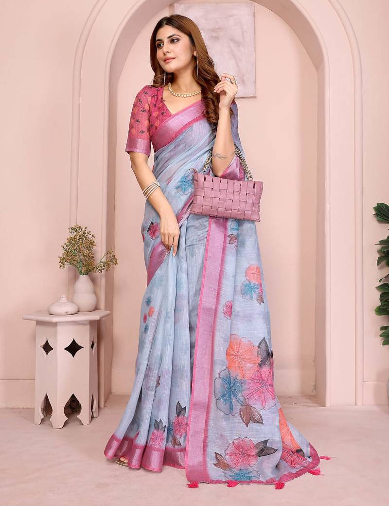 Pink linen cotton floral printed casual saree with matching blouse piece