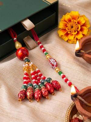 set of 2 designer red artificial beads bhaiya bhabhi rakhi with roli chawal chandan 2