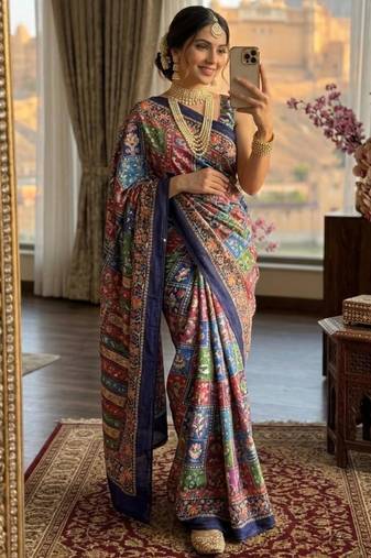 multicolor silk blend printed saree with geometric print