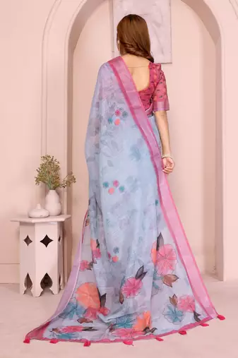Pink linen cotton floral printed casual saree with matching blouse piece