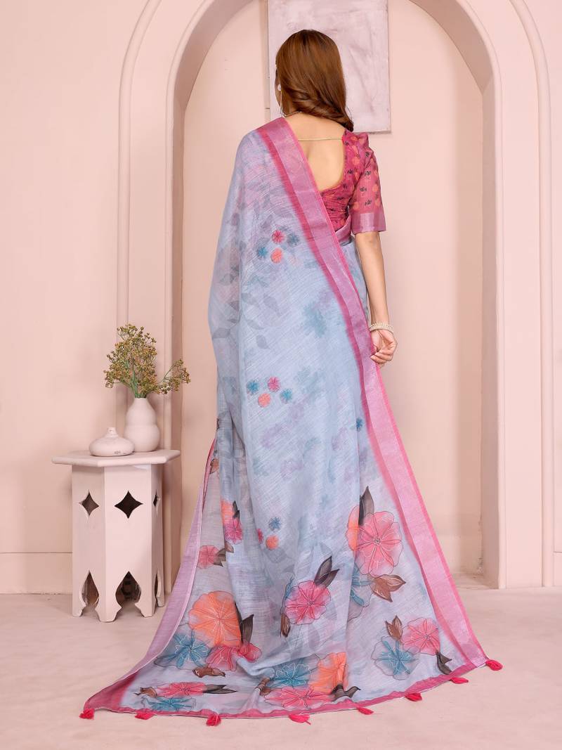 Pink linen cotton floral printed casual saree with matching blouse piece