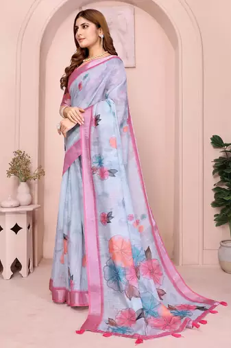 Pink linen cotton floral printed casual saree with matching blouse piece