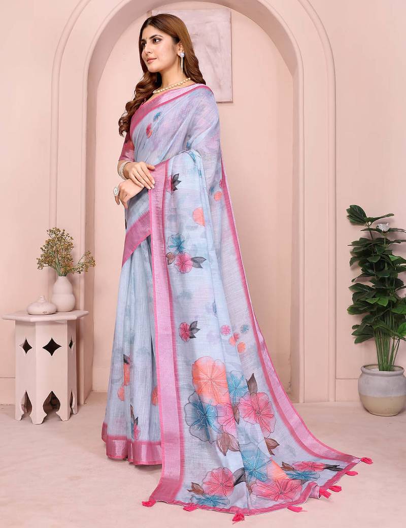Pink linen cotton floral printed casual saree with matching blouse piece