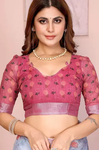 Pink linen cotton floral printed casual saree with matching blouse piece