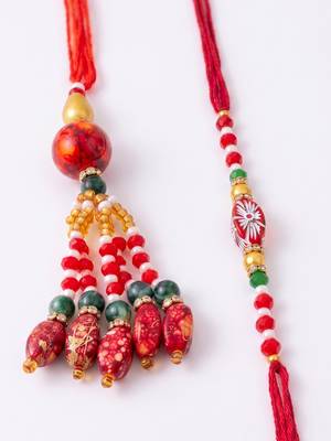 set of 2 designer red artificial beads bhaiya bhabhi rakhi with roli chawal chandan 3