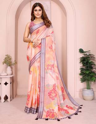 Orange linen cotton floral printed casual saree with matching blouse piece 1