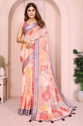 Orange linen cotton floral printed casual saree with matching blouse piece
