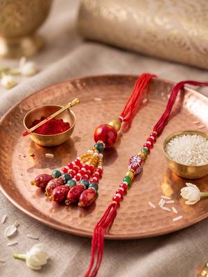 set of 2 designer red artificial beads bhaiya bhabhi rakhi with roli chawal chandan 4