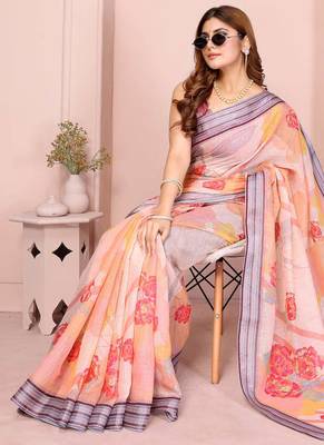 Orange linen cotton floral printed casual saree with matching blouse piece 2