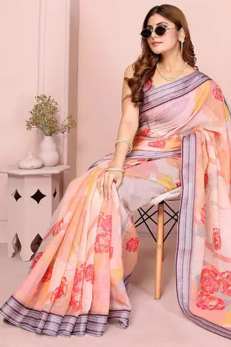 Orange linen cotton floral printed casual saree with matching blouse piece