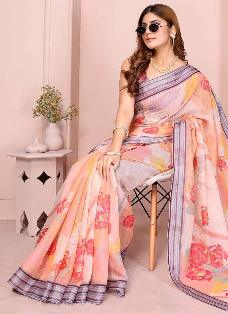 Orange linen cotton floral printed casual saree with matching blouse piece