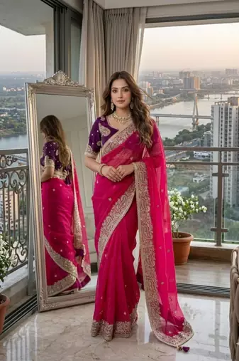 Rani pink silk blend embroidered saree with sequins work