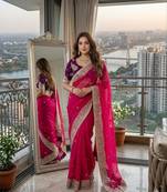 Rani pink silk blend embroidered saree with sequins work