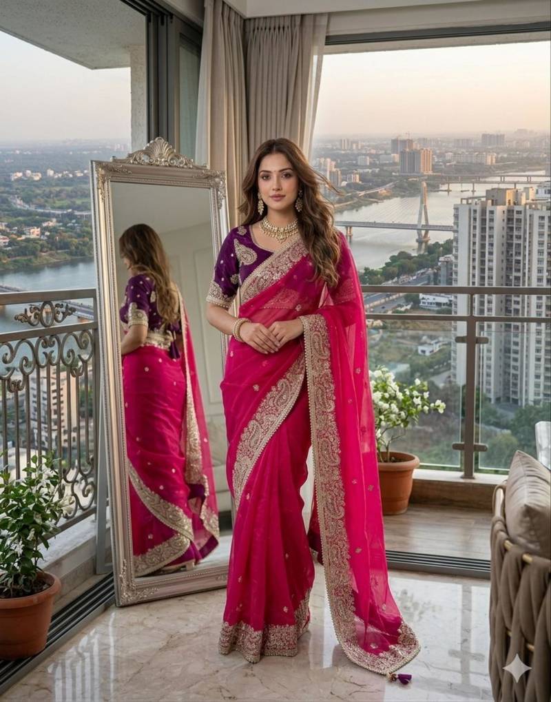 Rani pink silk blend embroidered saree with sequins work