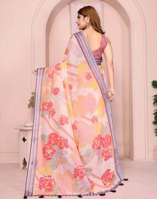 Orange linen cotton floral printed casual saree with matching blouse piece 3