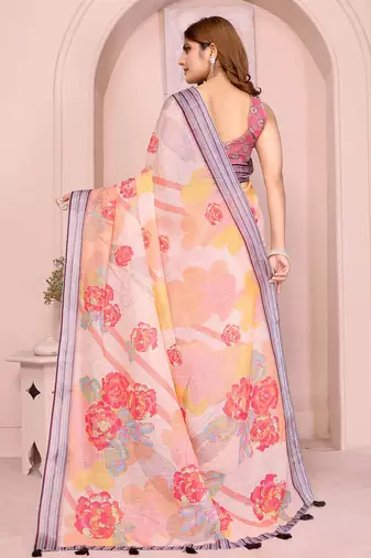 Orange linen cotton floral printed casual saree with matching blouse piece