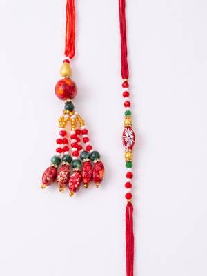 set of 2 designer red artificial beads bhaiya bhabhi rakhi with roli chawal chandan 5