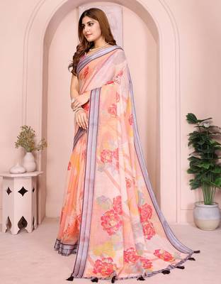 Orange linen cotton floral printed casual saree with matching blouse piece 4