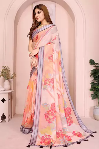 Orange linen cotton floral printed casual saree with matching blouse piece