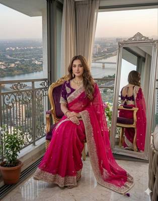 Rani pink silk blend embroidered saree with sequins work 2