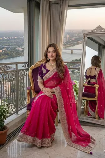 Rani pink silk blend embroidered saree with sequins work