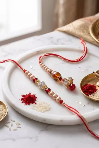 set of 2 multicolor artificial stones & beads bhaiya bhabhi rakhi with roli chawal