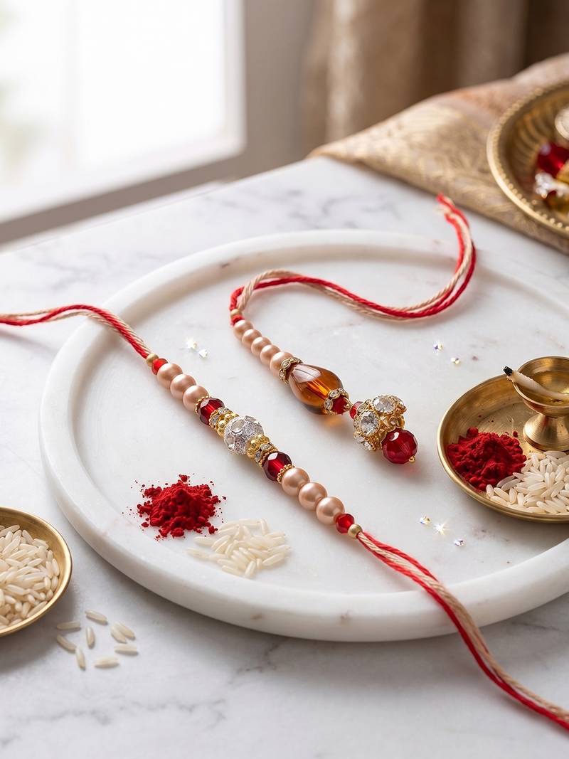 set of 2 multicolor artificial stones & beads bhaiya bhabhi rakhi with roli chawal