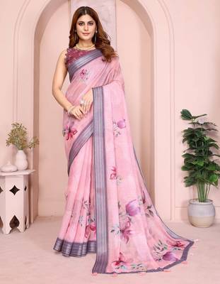 Purple linen cotton floral printed casual saree with matching blouse piece 1