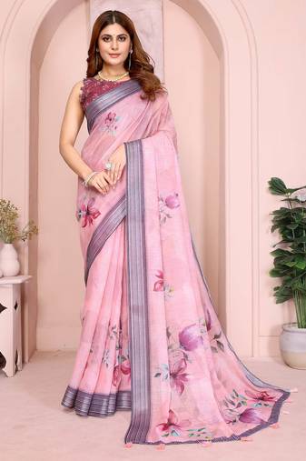 Purple linen cotton floral printed casual saree with matching blouse piece