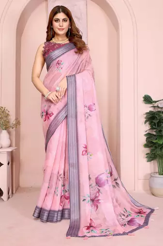Purple linen cotton floral printed casual saree with matching blouse piece
