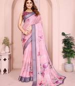 Purple linen cotton floral printed casual saree with matching blouse piece